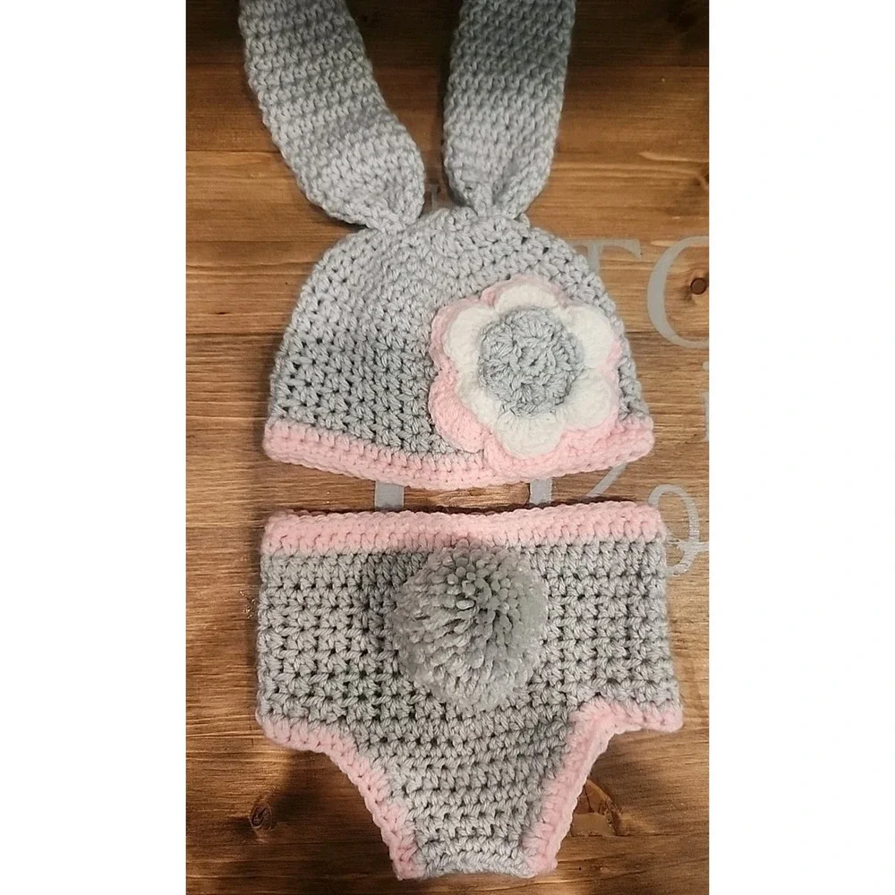 NEW Baby Girl Easter Bunny Rabbit Crochet Hat Diaper Cover Photo Prop Outfit Set